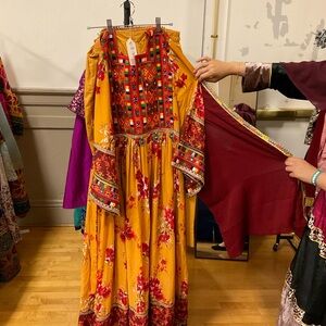 Embroidered Floral Afghan Dress in Orange and Red